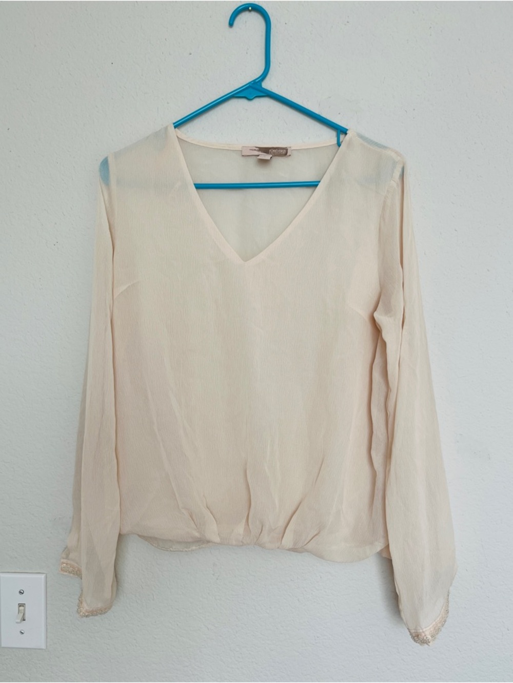 Forever 21 Light Cream V-Neck Long Sleeve Blouse